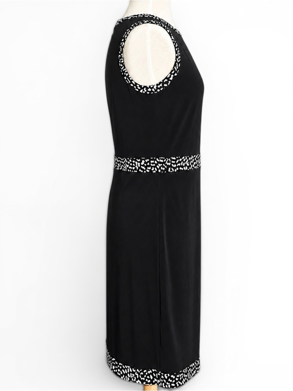 Michael Kors Black Faux Wrap Dress Animal Print Trim Sleeveless Midi Size Medium - Picture 5 of 10